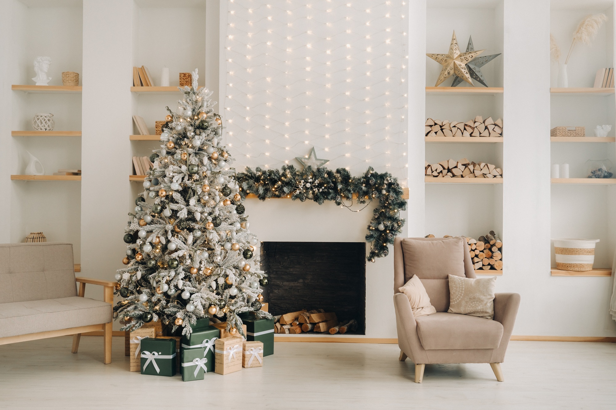 Christmas tree in the home Christmas interior.Decorated Christmas photo zone